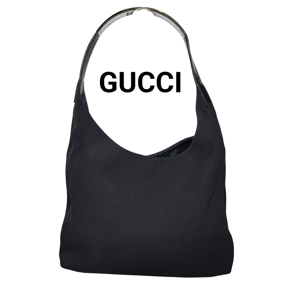 Gucci Black Canvas Hobo Bag Metal Handle Patent Leather Trim - Picture 1 of 11